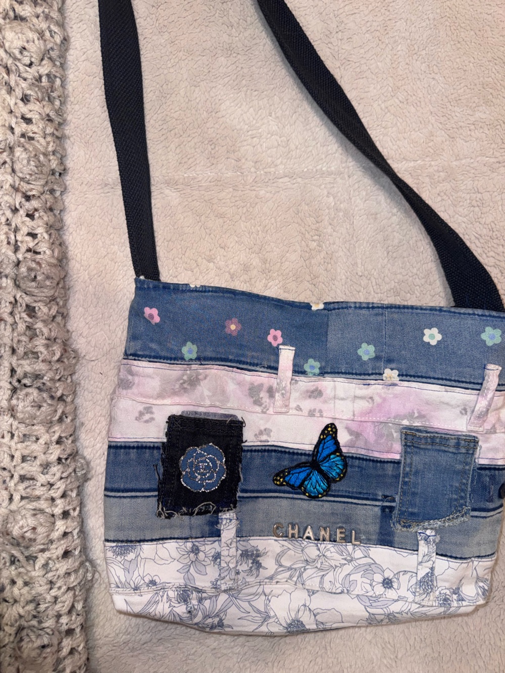 Chanel Blue Denim Crossbody Bag with Butterfly Embroidery